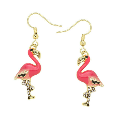 Flamingo Earrings Drop Dangle Rhinestone Hook Sea Life Bird Florida GOLD PINK - PalmTreeSky