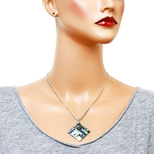 Abalone Shell Necklace Square Pendant Charm Sea Life Beach SILVER Chain Jewelry - PalmTreeSky