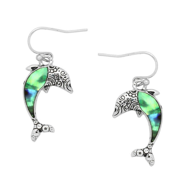 Abalone Shell Earrings Swirl Metal SILVER Drop Dolphin Fish Tale SeaLife Jewelry - PalmTreeSky