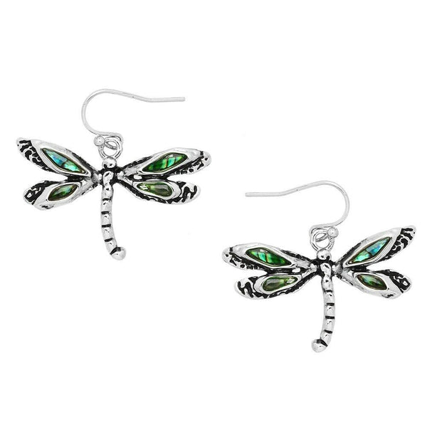 Abalone Shell Earrings Dragonfly SILVER Drop Textured Tale Bug Flower Jewelry 04 - PalmTreeSky