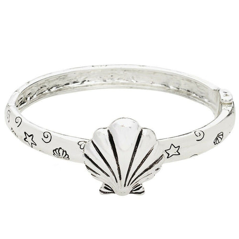 Sea Life Bracelet Stretch Bangle Engeaved Metal SEA SHELL Charm Beach SILVER - PalmTreeSky