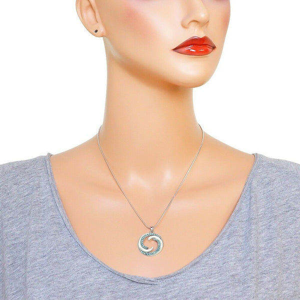 Wave Necklace Yin Yang Circle Pave Rhinestone SILVER TURQ Ocean Beach Surfer Sun - PalmTreeSky