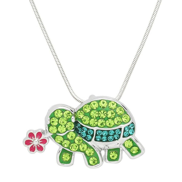 Turtle Necklace Rhinestone Crystal Flower Sea Life Beach SILVER GREEN Beach Surf - PalmTreeSky