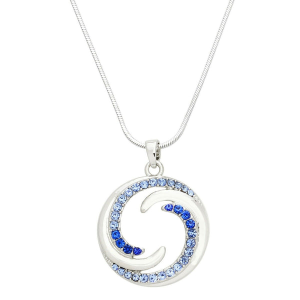 Wave Necklace Yin Yang Circle Pave Rhinestone SILVER BLUE Ocean Beach Surfer Sun - PalmTreeSky