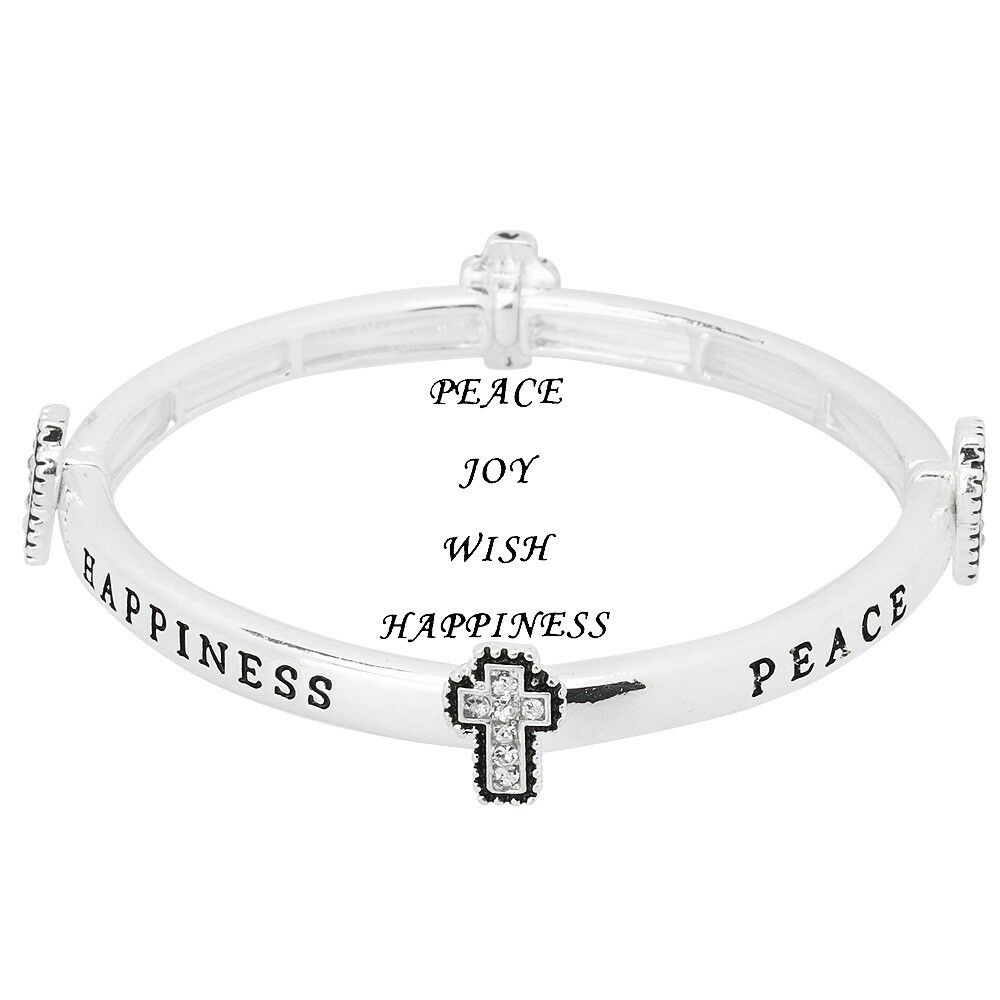 Peace Joy Wish Happiness Bracelet Stretch Bangle Pave Cross Prayer SILVER CLEAR - PalmTreeSky