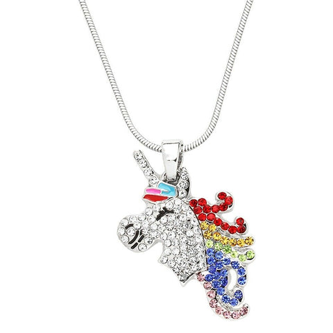 Unicorn Necklace Small Charm Magical Horse Animal Face Rhinestone SILVER MULTI - PalmTreeSky