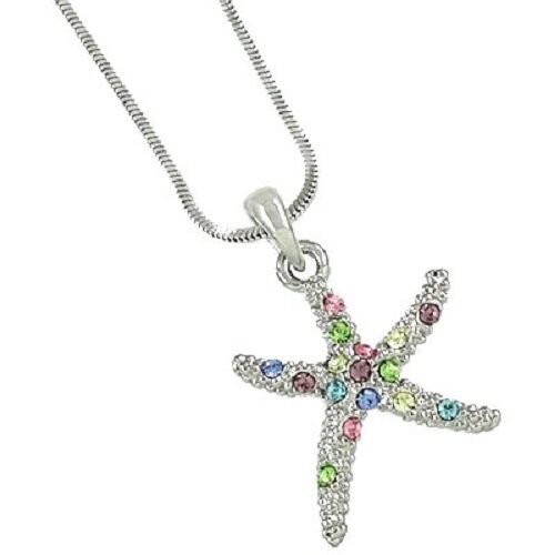 Starfish Necklace Silver Chain Multi Colored Pastel Pave Rhinestones Beach Sea - PalmTreeSky