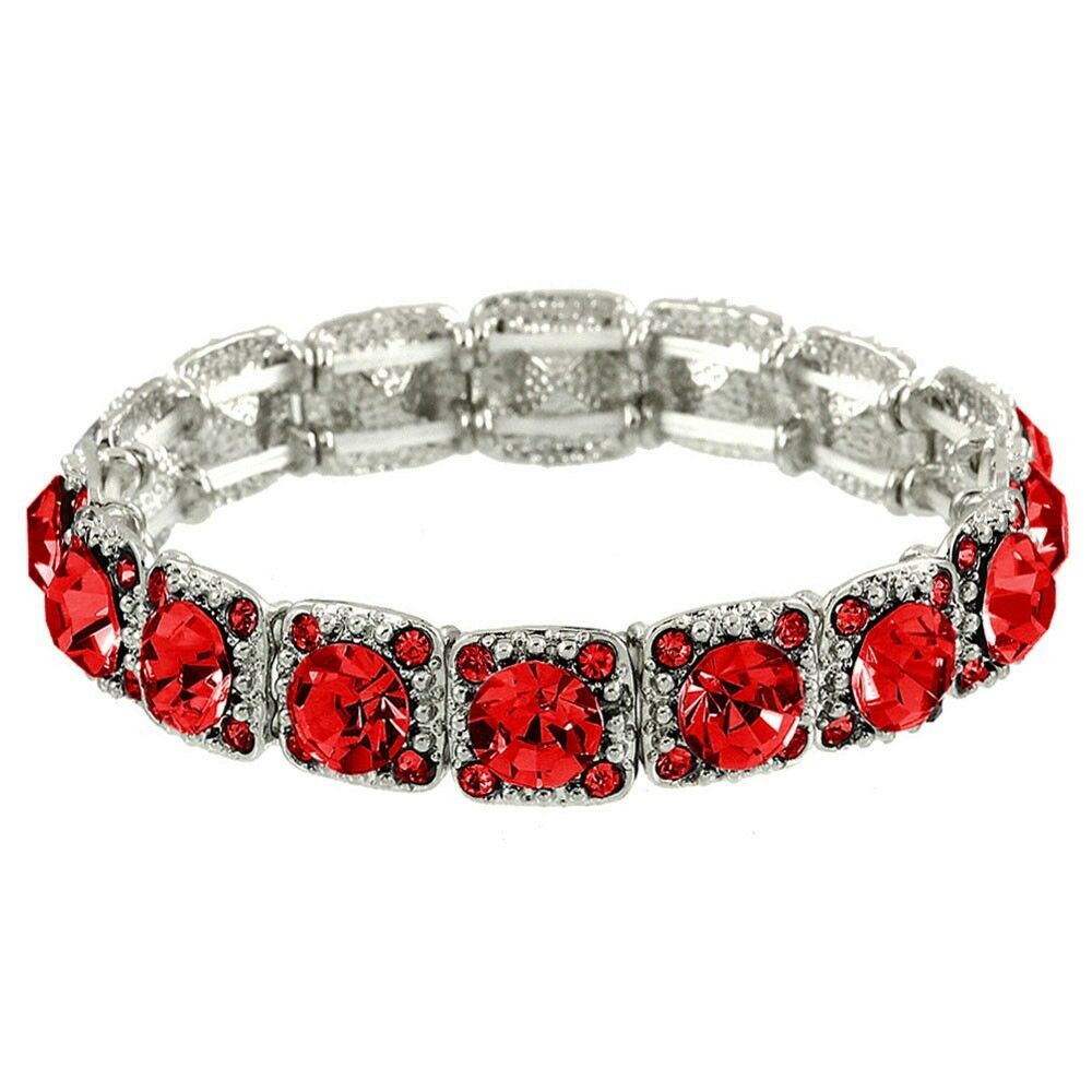 Crystal Bracelet Pave Rhinestones Square Cut Stretch SILVER RED Evening Glam - PalmTreeSky