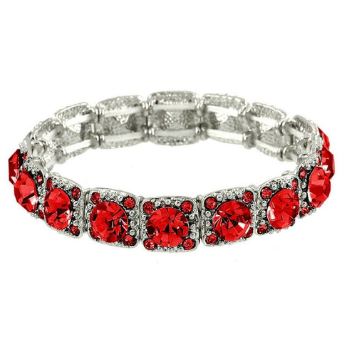 Crystal Bracelet Pave Rhinestones Square Cut Stretch SILVER RED Evening Glam - PalmTreeSky