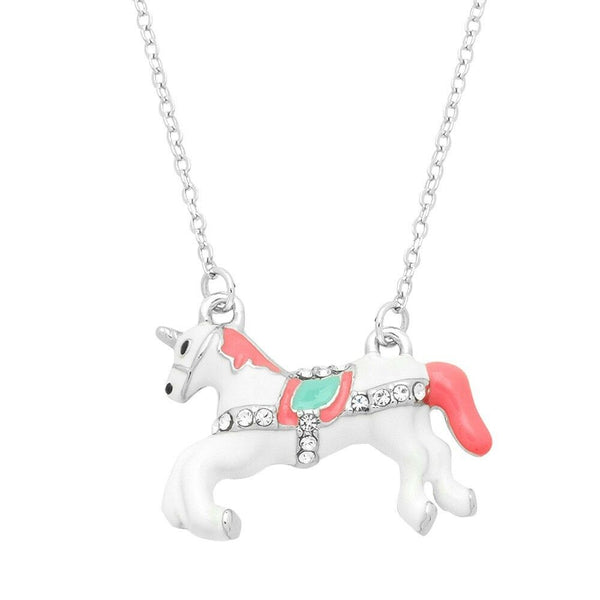 Unicorn Necklace Small Charm Magical White Horse Animal Pink Rhinestone SILVER - PalmTreeSky