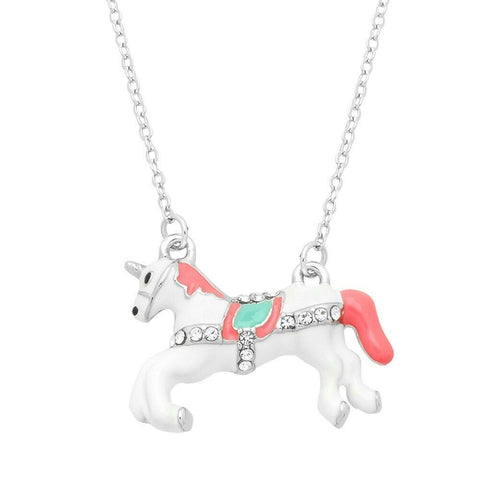 Unicorn Necklace Small Charm Magical White Horse Animal Pink Rhinestone SILVER - PalmTreeSky