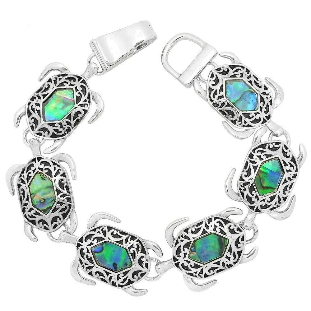 Turtle Bracelet Magnetic Clasp Bangle Floral Filigree SILVER ABALONE SHELL ST2 - PalmTreeSky