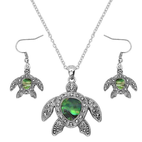 Turtle Necklace Abalone Shell Marcasite Chunky Pendant Pave Rhinestone SILVER - PalmTreeSky