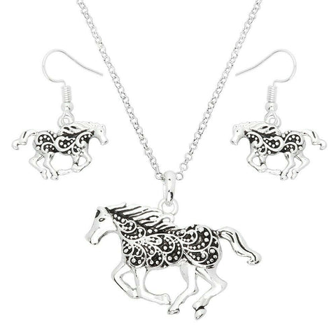 Horse Necklace SET Filigree Run Gallop Race Track Country Farm Pendant SILVER - PalmTreeSky