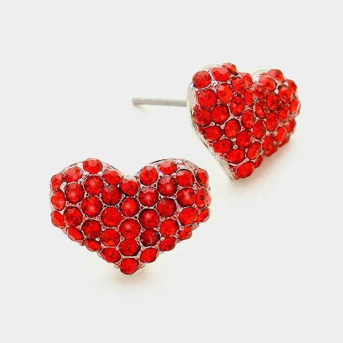 Heart Earrings Pave Small Studs Post Stud Crystal Rhinestone .6" W RED Love - PalmTreeSky