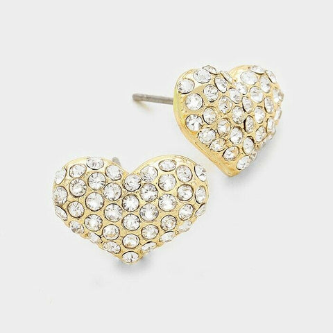 Heart Earrings Pave Small Studs Post Stud Crystal Rhinestone .6" W GOLD Love - PalmTreeSky