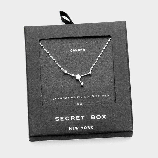 Secret Box Zodiac Necklace Tiny Pendant CANCER Sign Celestial WHITE Gold Dipped - PalmTreeSky