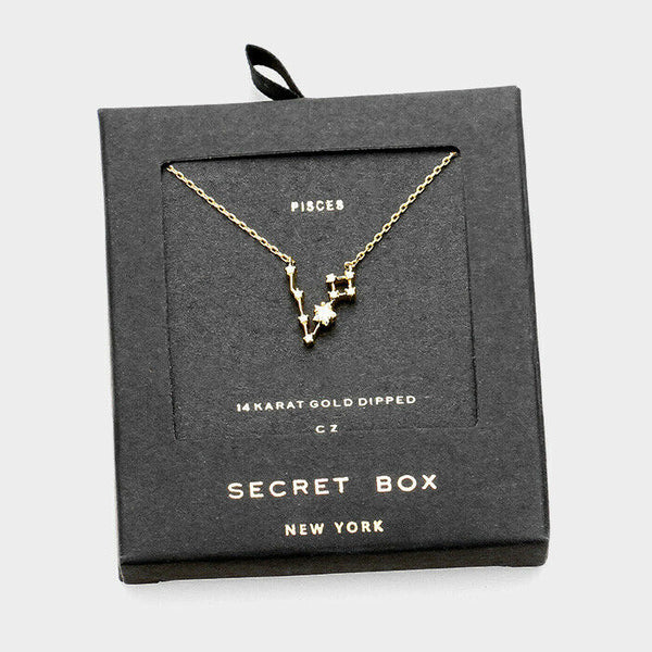 Secret Box Zodiac Necklace Tiny Pendant PISCES Sign Celestial 14k Gold Dipped - PalmTreeSky