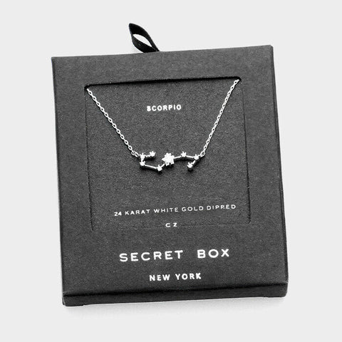 Secret Box Zodiac Necklace Tiny Pendant SCORPIO Sign Celestial White Gold Dipped - PalmTreeSky