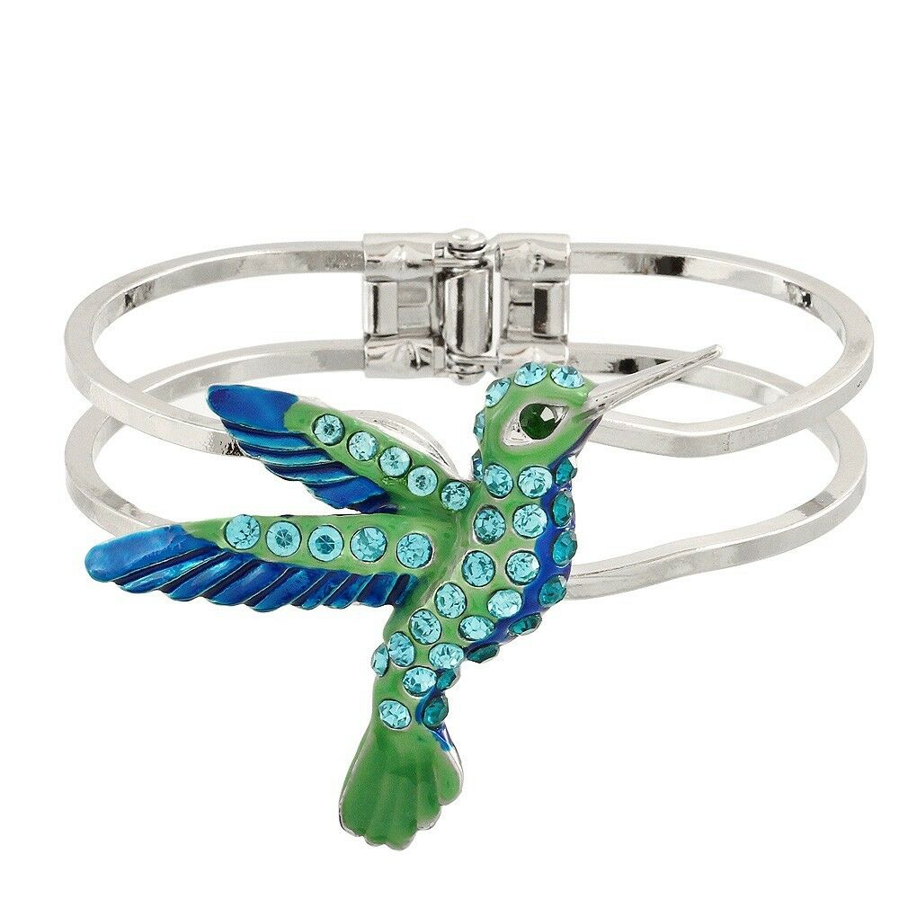 Hummingbird Bracelet Hinge Bangle Double Bar Pave Stone Blue Grn SILVER Jewelry - PalmTreeSky