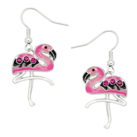 Flamingo Earrings Triple Rhinestone Bird Tropical Drop Dangle Beach Florida PINK - PalmTreeSky