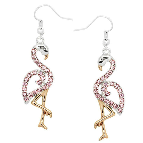 Flamingo Earrings Rhinestone Bird Tropical Drop Dangle Beach Florida PINK ROSE - PalmTreeSky