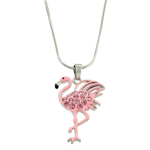 Flamingo Necklace Pave Bird Tropical Snake Chain Beach Florida SILVER PINK - PalmTreeSky