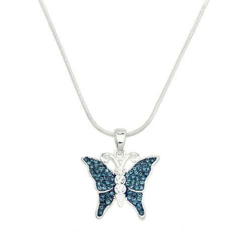 Butterfly Necklace Pendant Charm Beach Sea BLUE Pave Rhinestone SILVER Jewelry - PalmTreeSky