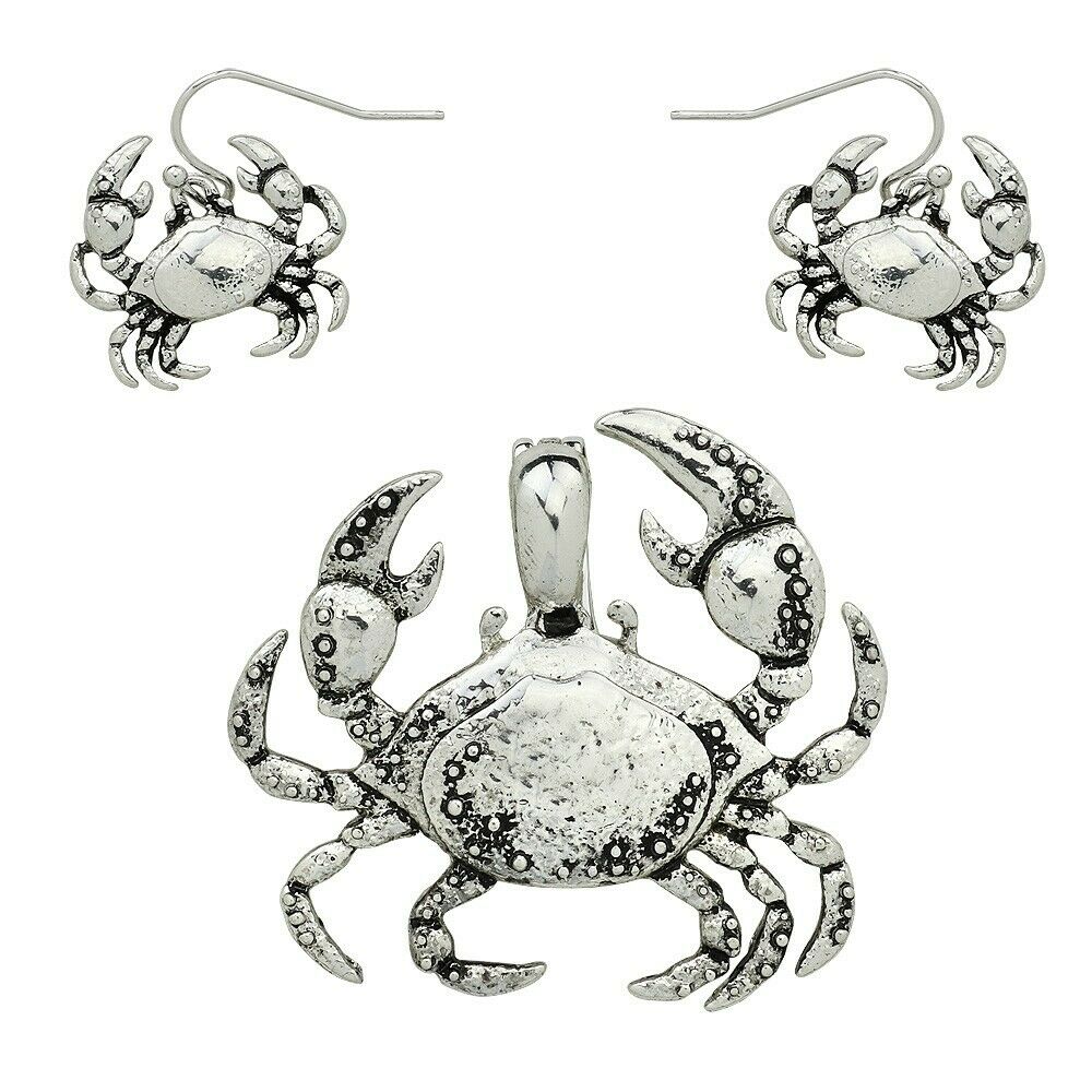 Crab Pendant Earrings SET Metal Beaded Antique BURNISHED SILVER Beach Jewelry - PalmTreeSky