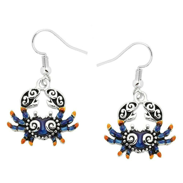 Crab Earrings Drop Dangle Sea Life Surfer Nautical SILVER BLUE Swirl Jewelry - PalmTreeSky