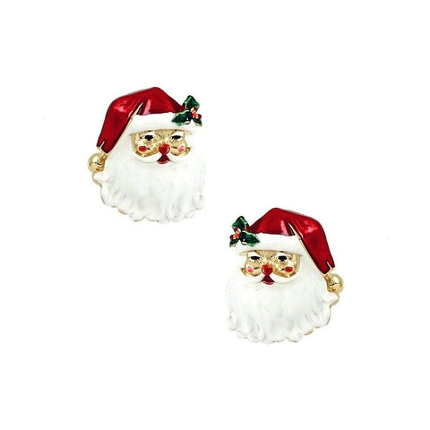 Santa Claus Earrings Stud Posts Holiday Stocking Candy Cane Tree Holly Gold Red - PalmTreeSky