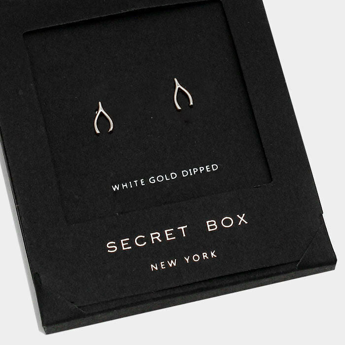 Wishbone Earrings Tiny Secret Gift Box WHITE GOLD DIPPED Luck Classic Elegant - PalmTreeSky