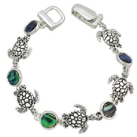 Magnetic Bracelet Turtle ABALONE SHELL Chain Link 7.5" Long SILVER Beach Sea - PalmTreeSky