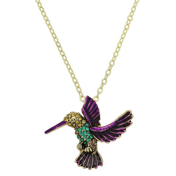 Hummingbird Necklace Charm Pave Rhinestone Fly Purple 25mm GOLD PP Jewelry - PalmTreeSky