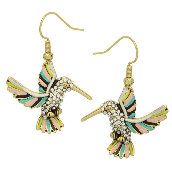 Hummingbird Earrings Charm Pave Rhinestone Fly Bird Drop Dangle GOLD MT1 Jewelry - PalmTreeSky