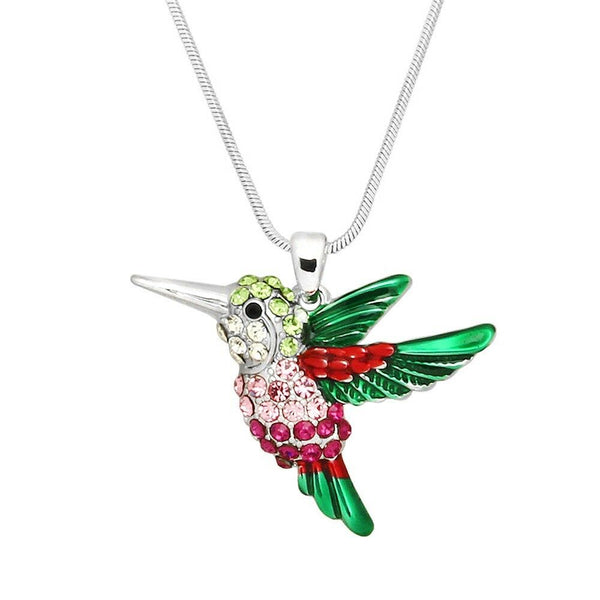 Hummingbird Necklace Charm Pave Rhinestone Fly Red Pink 34mm SILVER Jewelry - PalmTreeSky