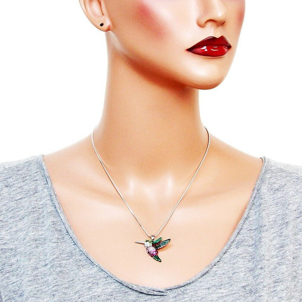 Hummingbird Necklace Charm Pave Rhinestone Fly Red Pink 34mm SILVER Jewelry - PalmTreeSky