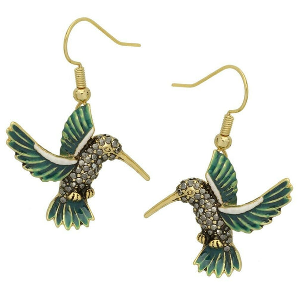 Hummingbird Earrings Charm Pave Rhinestone Fly Bird Drop Dangle GOLD BL Jewelry - PalmTreeSky