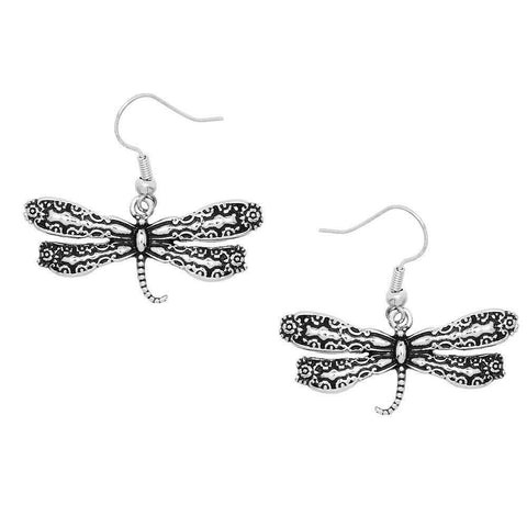 Dragonfly Earrings Filigree Spoon Metal Metal Flower Dangle SILVER Bug Jewelry - PalmTreeSky