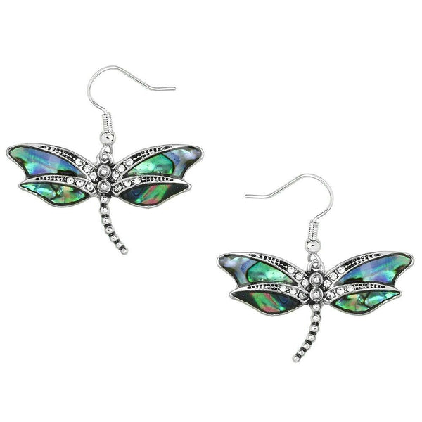 Dragonfly Earrings Abalone Shell Pave Stone Metal Drop Dangle SILVER Bug Jewelry - PalmTreeSky