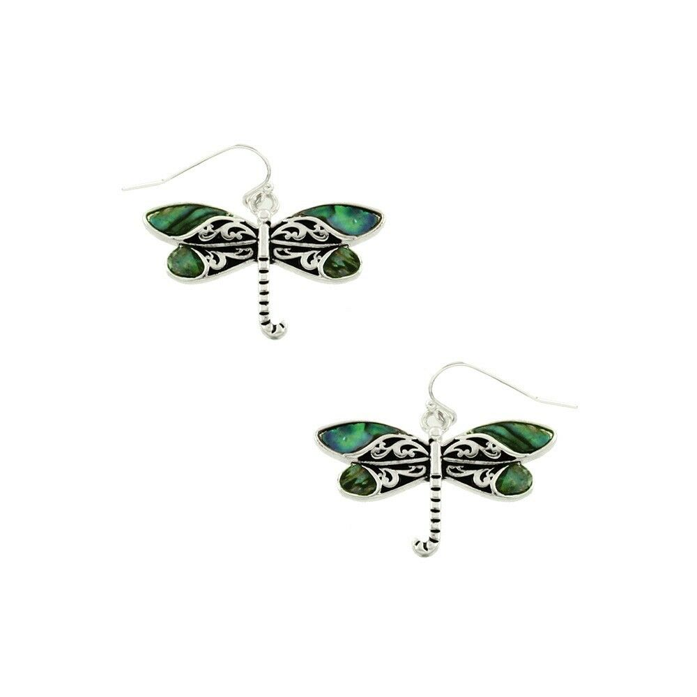 Dragonfly Earrings Filigree Abalone Shell Metal Drop Dangle SILVER Bug Jewelry - PalmTreeSky