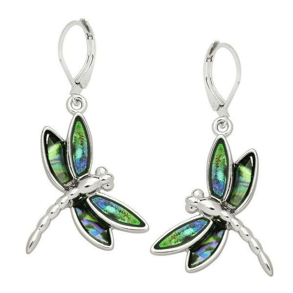 Dragonfly Earrings Abalone Shell Leverback Metal Drop Dangle SILVER Bug Jewelry - PalmTreeSky