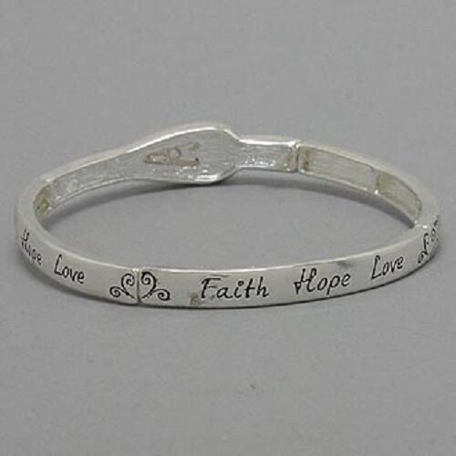 Faith Love Hope Stretch Bangle Bracelet SILVER Live Heart Inspirational Jewelry - PalmTreeSky