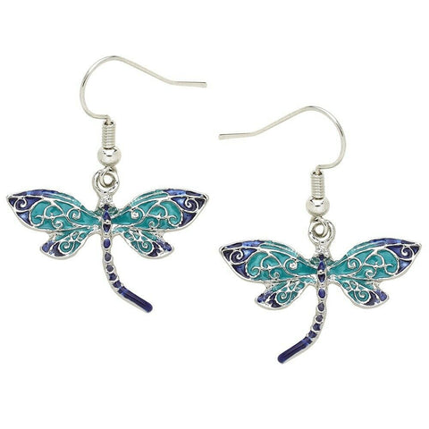 Dragonfly Earrings Enamel Metal Swirl Drop Dangle SILVER BLUE Bug Jewelry - PalmTreeSky