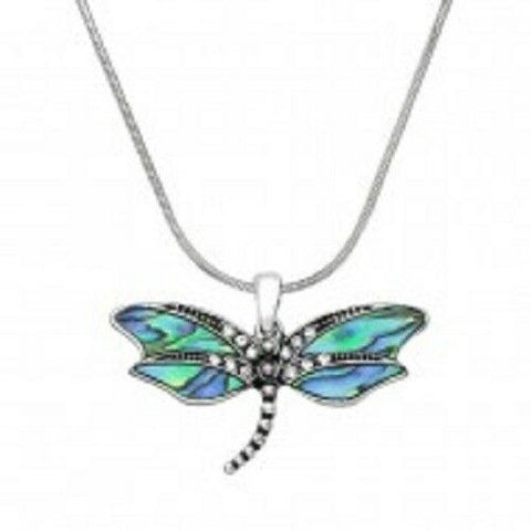 Dragonfly Necklace Pave Metal Pendant Snake Chain SILVER ABALONE Bug Jewelry - PalmTreeSky