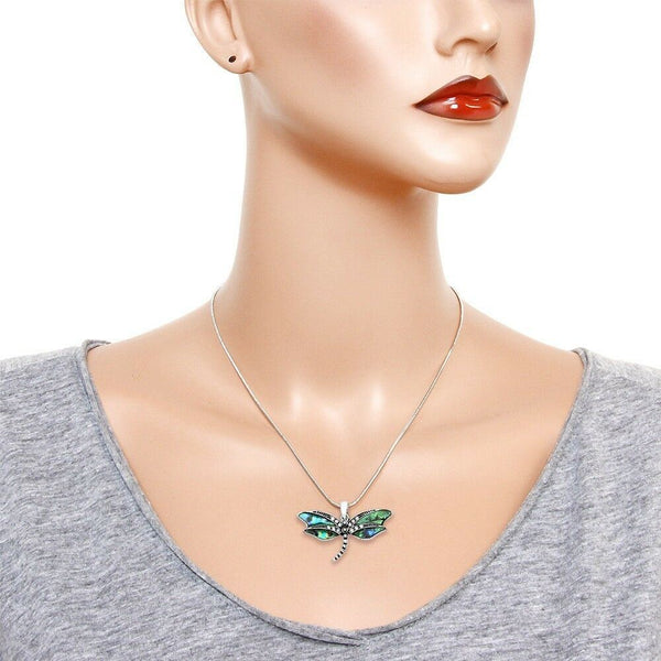 Dragonfly Necklace Pave Metal Pendant Snake Chain SILVER ABALONE Bug Jewelry - PalmTreeSky