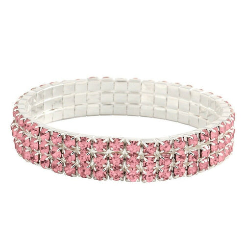 Rhinestone Bracelet Stretch Bangle 3 Row Crystal Pave Evening Event Dress PINK - PalmTreeSky