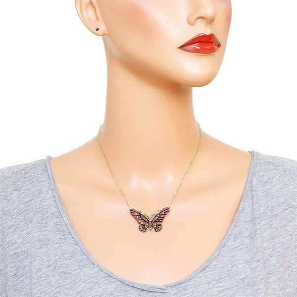 Butterfly Necklace 1.6" Pendant Pave Rhinestone SILVER Painted PINK GOLD Jewelry - PalmTreeSky