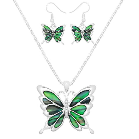 Butterfly Necklace Earrings SET Long Chain SeaLife ABALONE SHELL SILVER Jewelry - PalmTreeSky