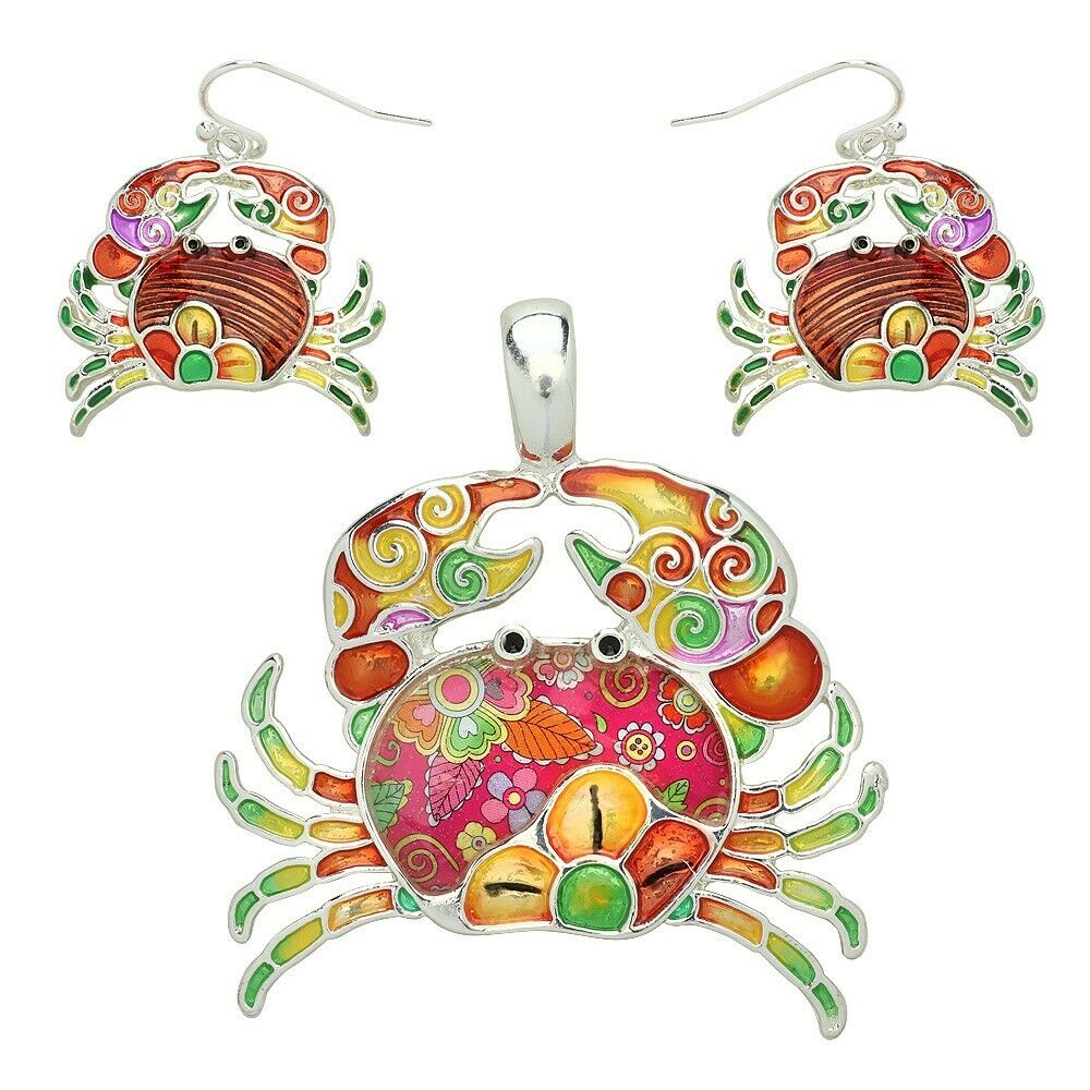 Crab Pendant Earrings SET Metal Flower Swirl Enamel RED SILVER Beach Jewelry - PalmTreeSky